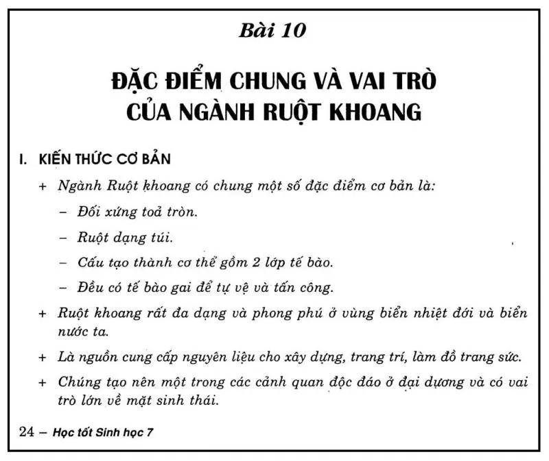 Đặc điểm chung và Vai trò của ngành ruột khoang – Sinh học 7 Bài 10